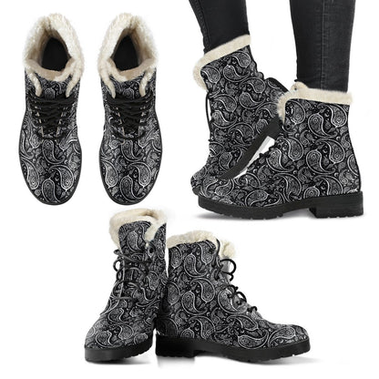 Paisley Black Design Print Faux Fur Leather Boots-JTAMIGO.COM