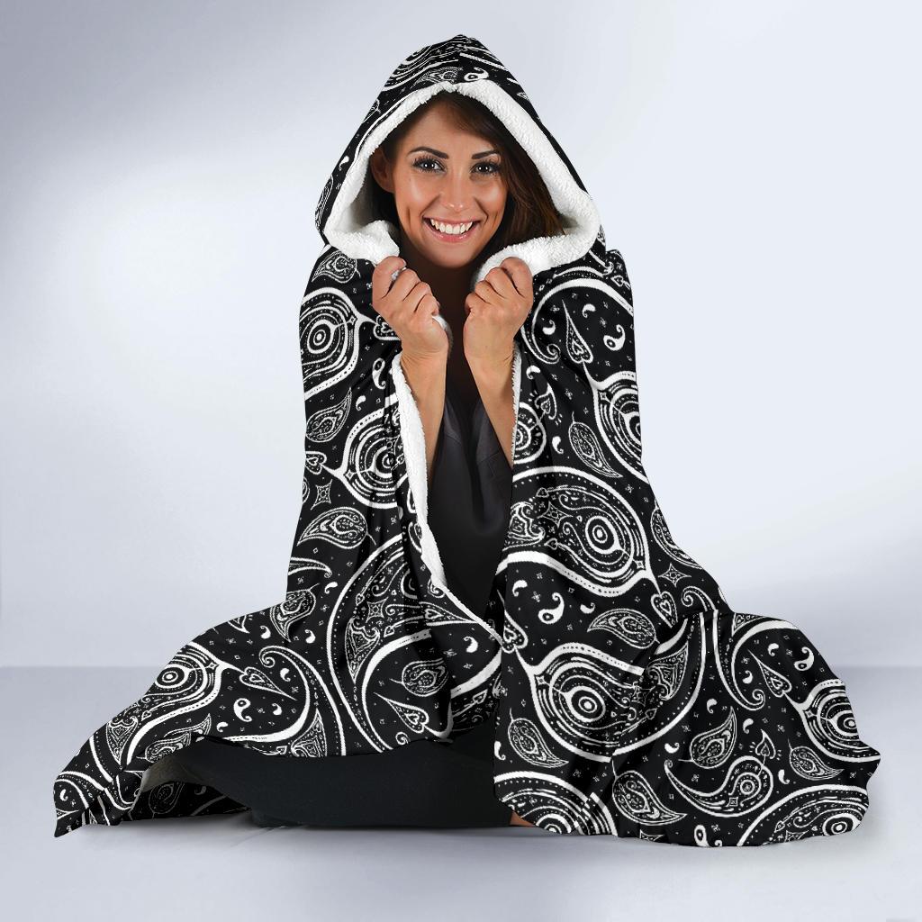 Paisley Black Design Print Hooded Blanket-JTAMIGO.COM