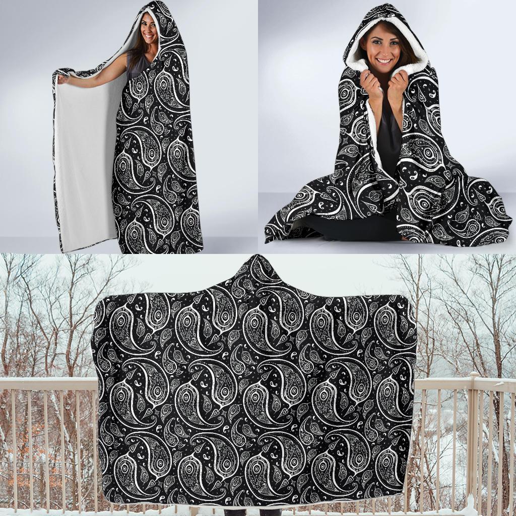 Paisley Black Design Print Hooded Blanket-JTAMIGO.COM