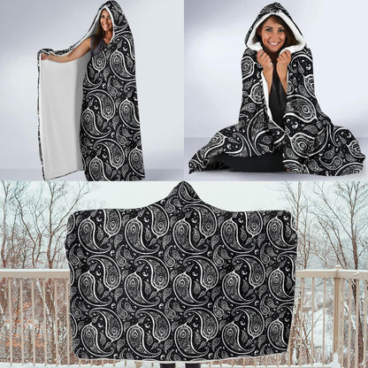 Paisley Black Design Print Hooded Blanket-JTAMIGO.COM