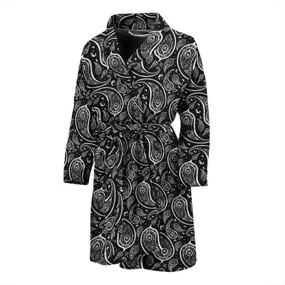 Paisley Black Design Print Men Bath Robe-JTAMIGO.COM