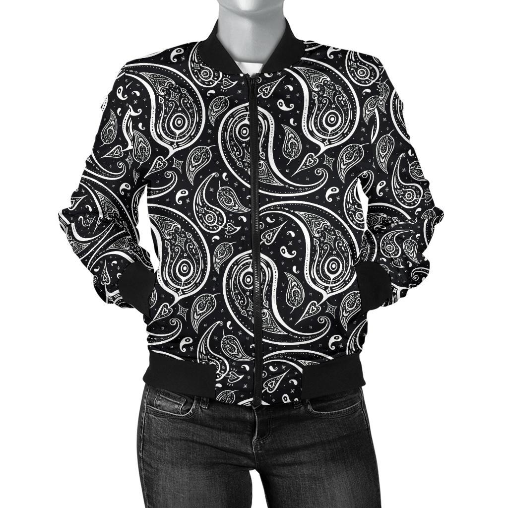 Paisley Black Design Print Women Casual Bomber Jacket