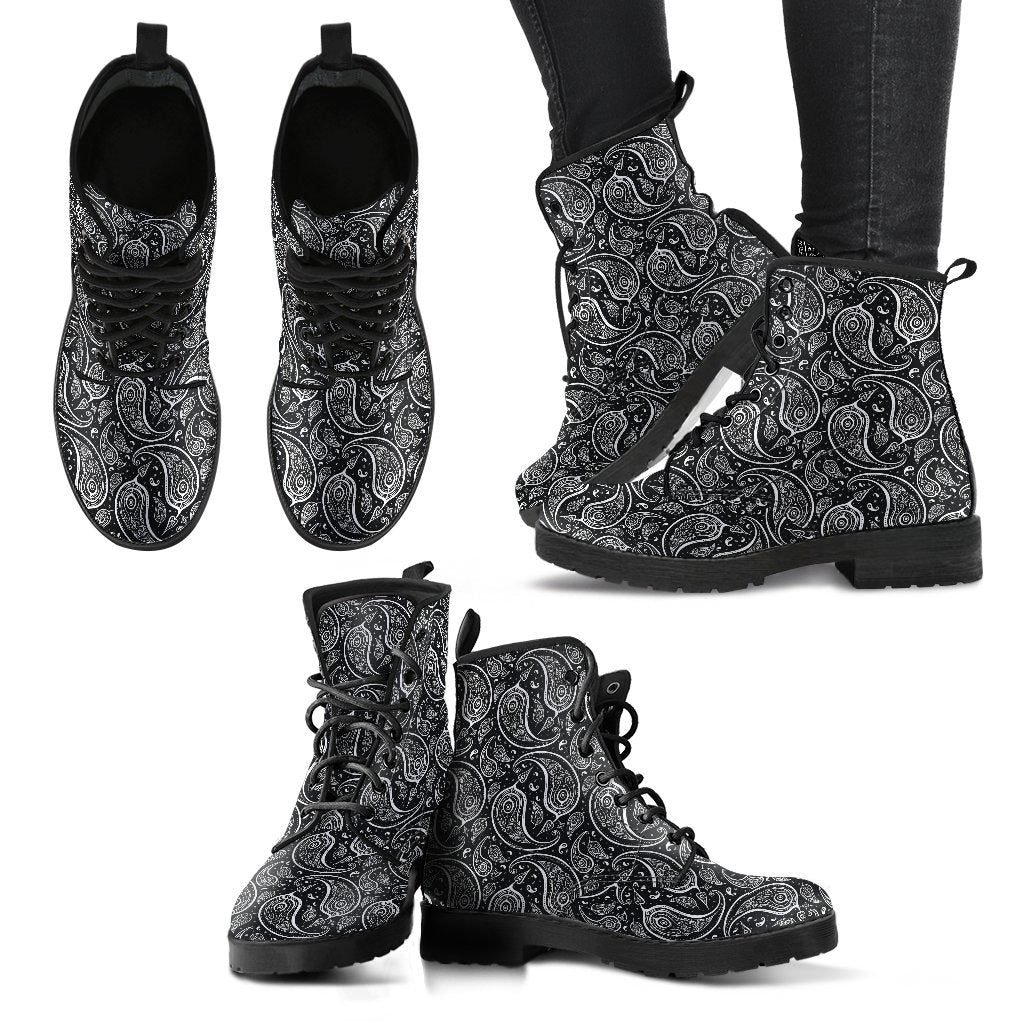 Paisley Black Design Print Women Leather Boots-JTAMIGO.COM