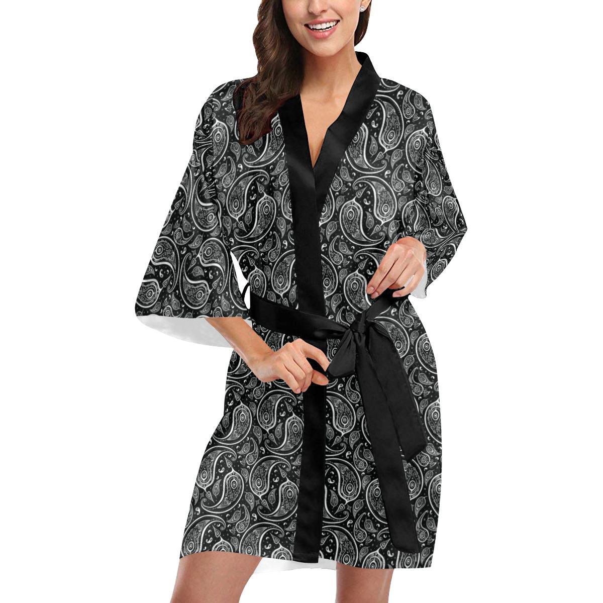 Paisley Black Design Print Women Short Kimono Robe