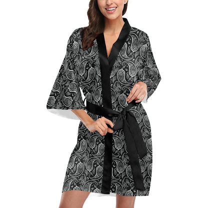 Paisley Black Design Print Women Short Kimono Robe