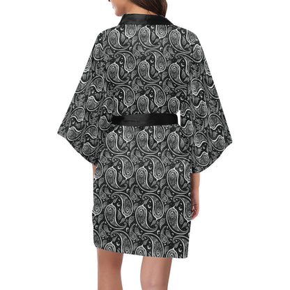 Paisley Black Design Print Women Short Kimono Robe