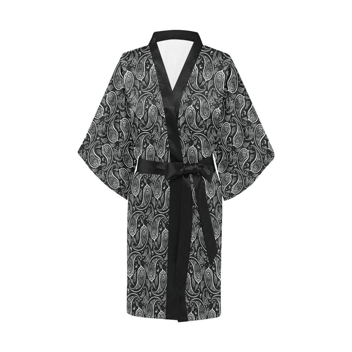 Paisley Black Design Print Women Short Kimono Robe