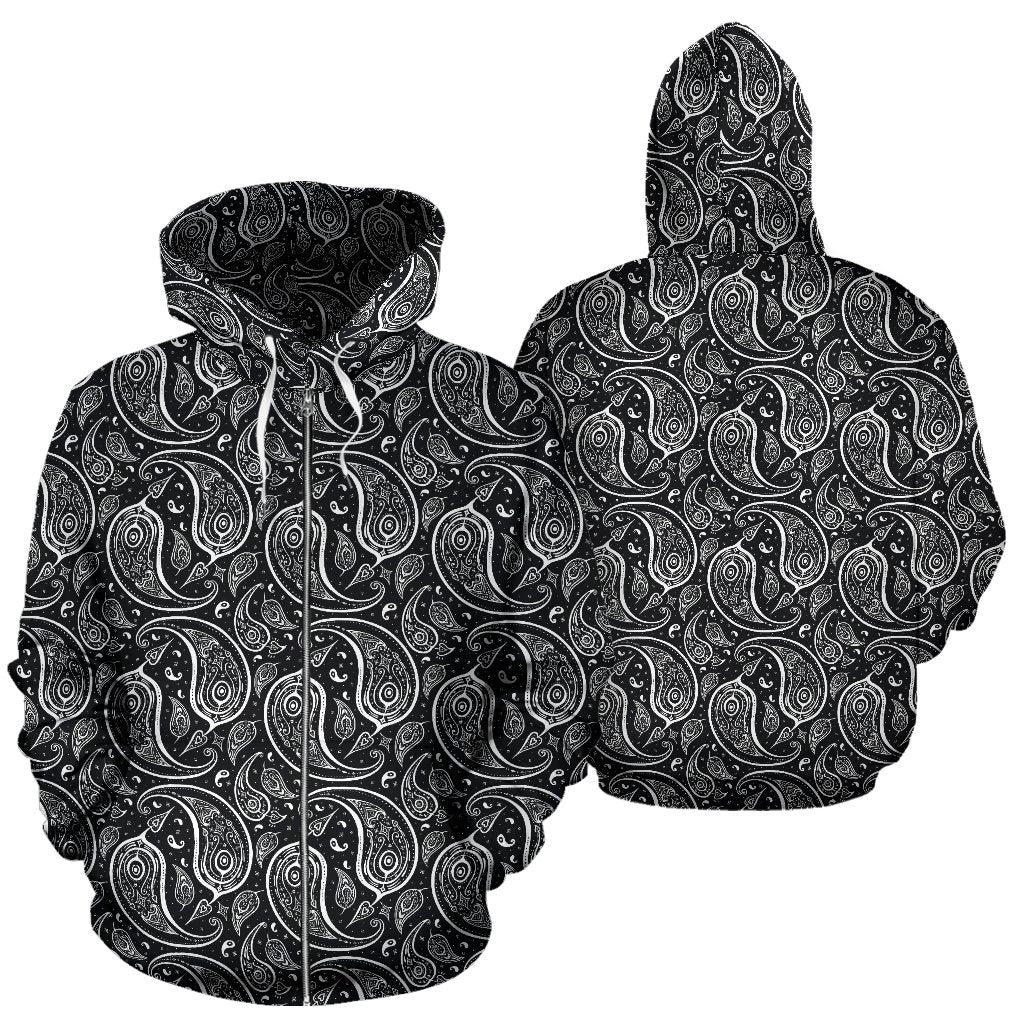 Paisley Black Design Print Zip Up Hoodie