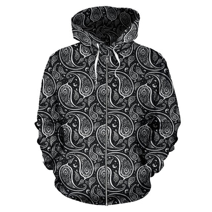 Paisley Black Design Print Zip Up Hoodie