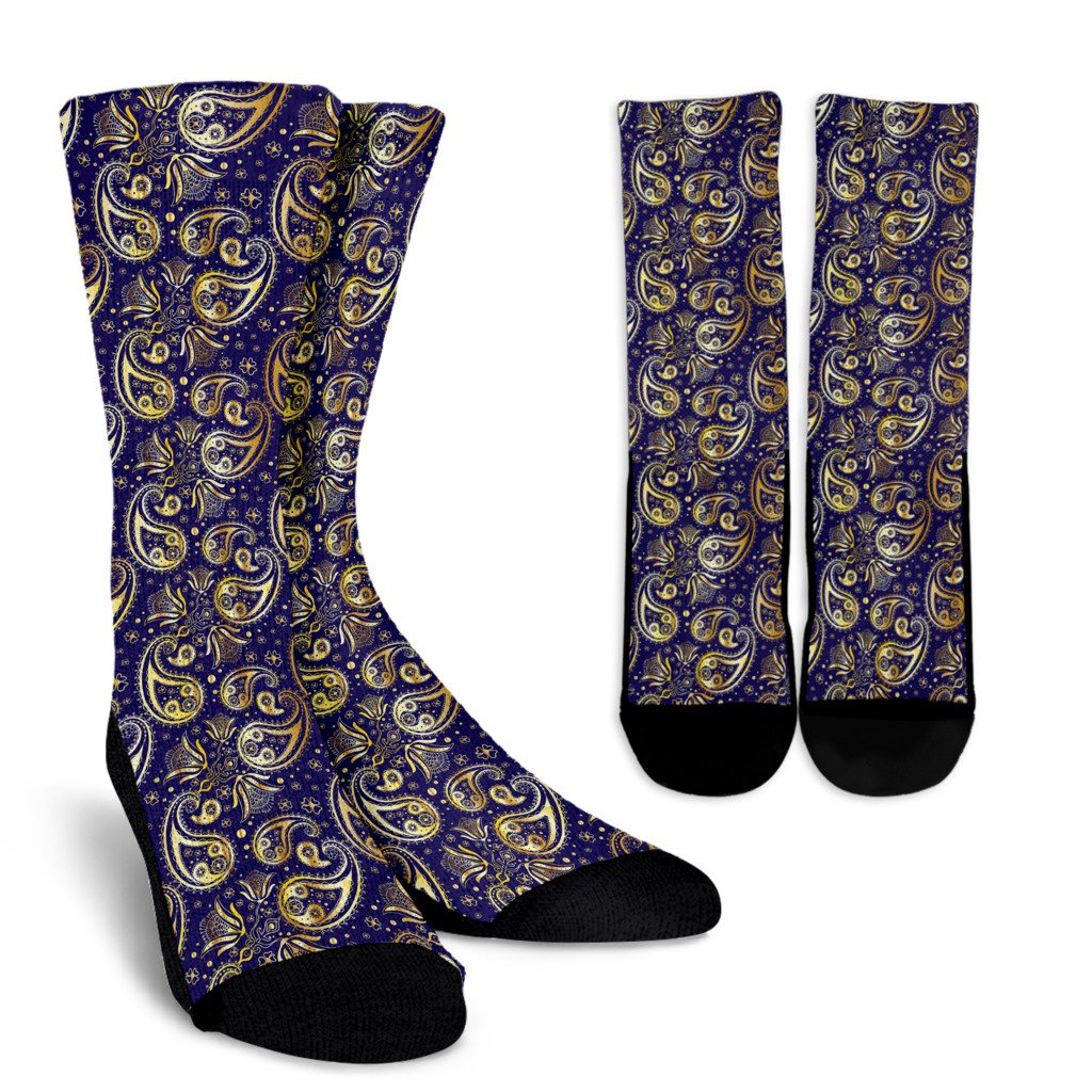 Paisley Blue Yellow Design Print Crew Socks