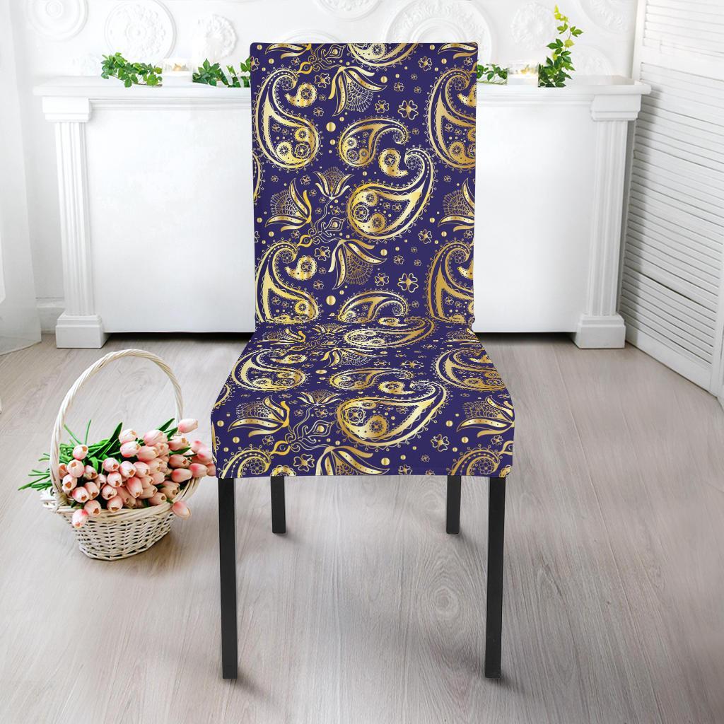 Paisley Blue Yellow Design Print Dining Chair Slipcover-JTAMIGO.COM