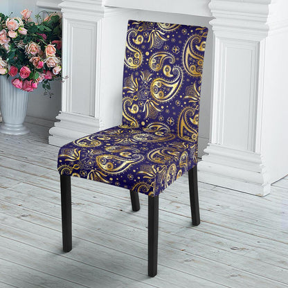 Paisley Blue Yellow Design Print Dining Chair Slipcover-JTAMIGO.COM