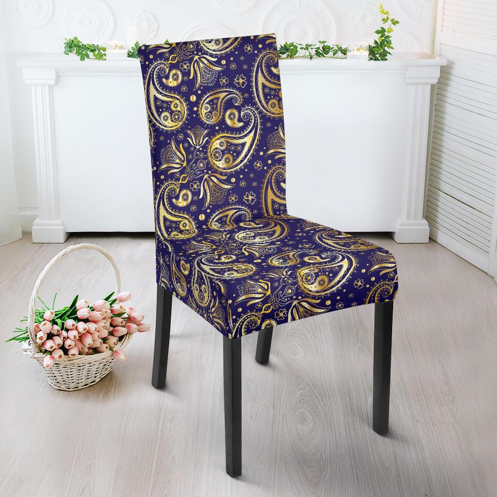 Paisley Blue Yellow Design Print Dining Chair Slipcover-JTAMIGO.COM