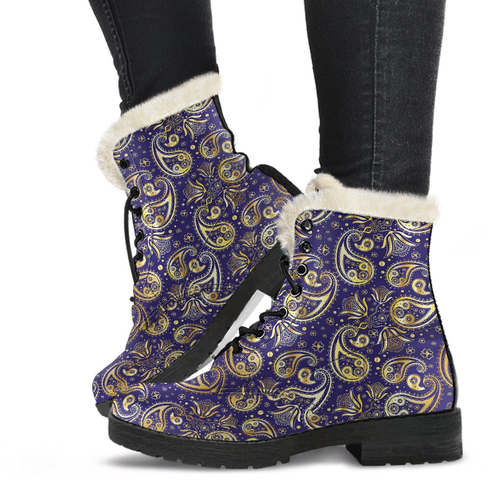 Paisley Blue Yellow Design Print Faux Fur Leather Boots-JTAMIGO.COM