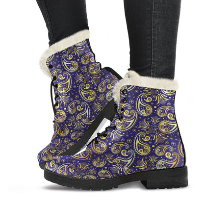 Paisley Blue Yellow Design Print Faux Fur Leather Boots-JTAMIGO.COM