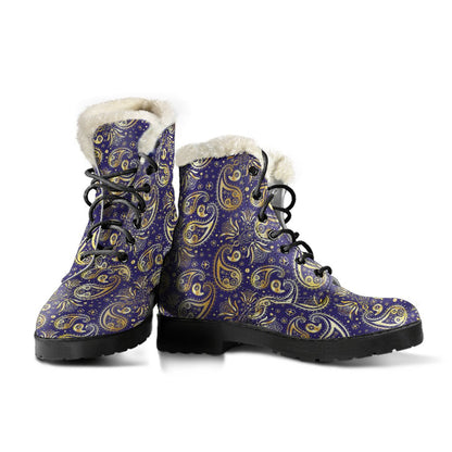 Paisley Blue Yellow Design Print Faux Fur Leather Boots-JTAMIGO.COM