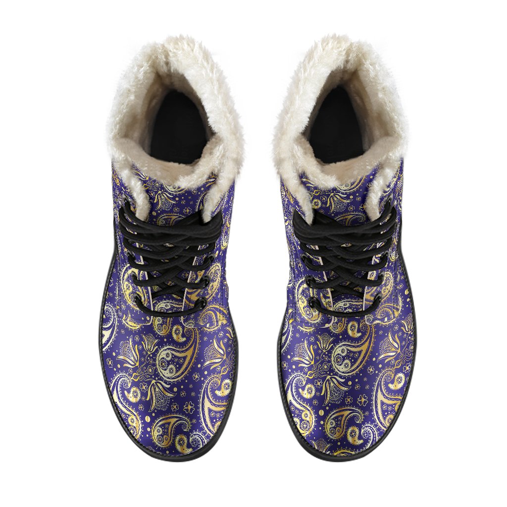 Paisley Blue Yellow Design Print Faux Fur Leather Boots-JTAMIGO.COM