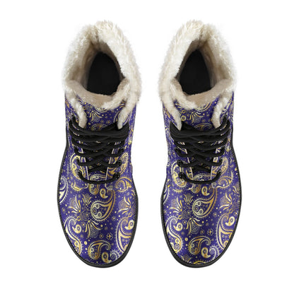 Paisley Blue Yellow Design Print Faux Fur Leather Boots-JTAMIGO.COM