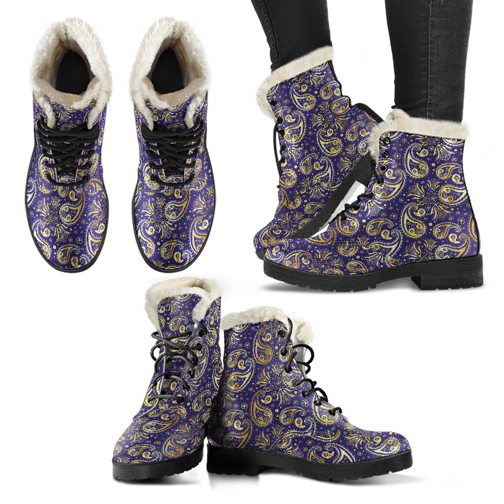 Paisley Blue Yellow Design Print Faux Fur Leather Boots-JTAMIGO.COM