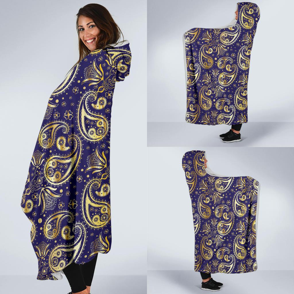 Paisley Blue Yellow Design Print Hooded Blanket-JTAMIGO.COM