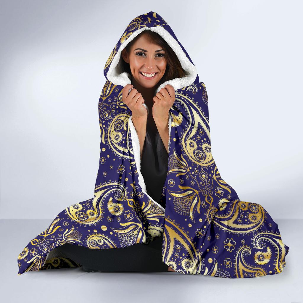 Paisley Blue Yellow Design Print Hooded Blanket-JTAMIGO.COM