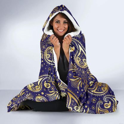 Paisley Blue Yellow Design Print Hooded Blanket-JTAMIGO.COM
