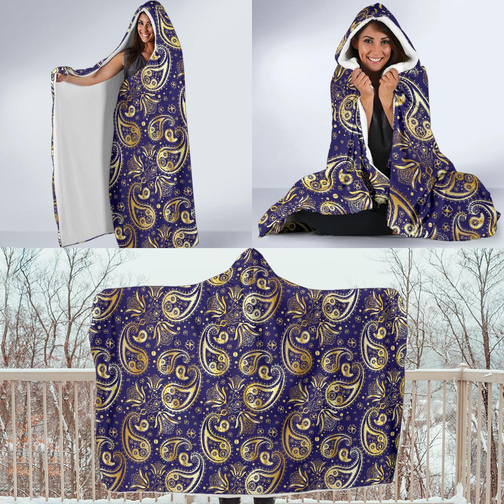 Paisley Blue Yellow Design Print Hooded Blanket-JTAMIGO.COM