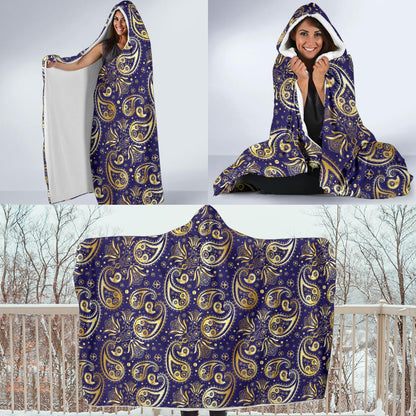 Paisley Blue Yellow Design Print Hooded Blanket-JTAMIGO.COM
