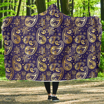 Paisley Blue Yellow Design Print Hooded Blanket-JTAMIGO.COM