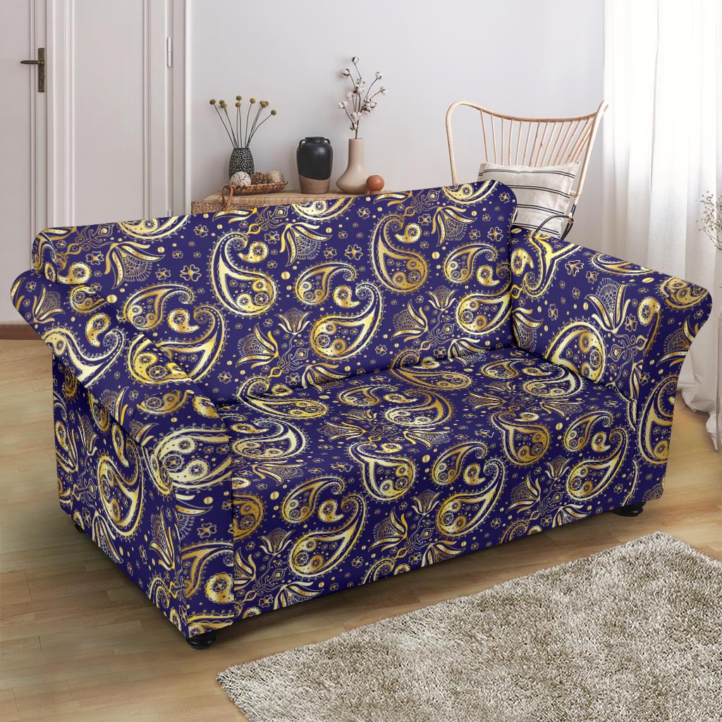 Paisley Blue Yellow Design Print Loveseat Slipcover-JTAMIGO.COM