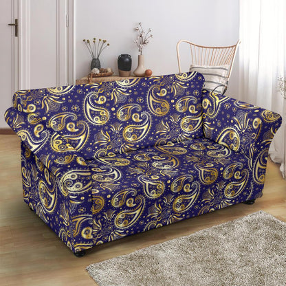 Paisley Blue Yellow Design Print Loveseat Slipcover-JTAMIGO.COM