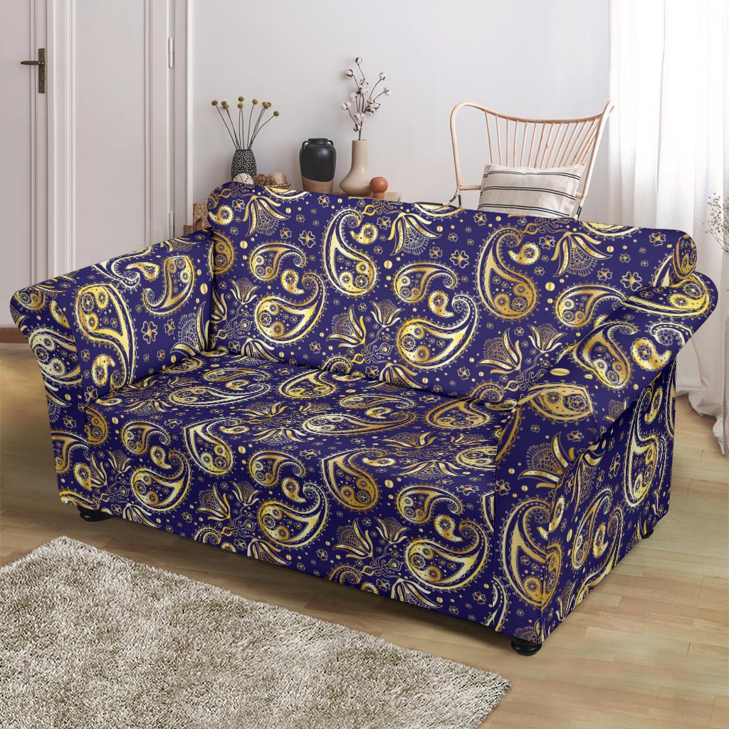 Paisley Blue Yellow Design Print Loveseat Slipcover-JTAMIGO.COM