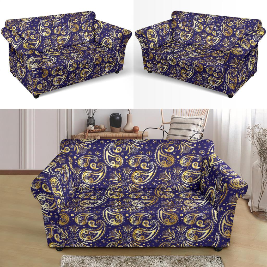 Paisley Blue Yellow Design Print Loveseat Slipcover-JTAMIGO.COM