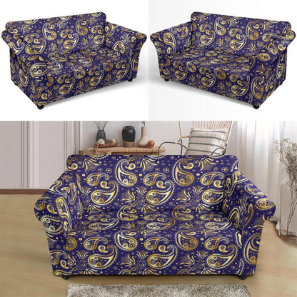 Paisley Blue Yellow Design Print Loveseat Slipcover-JTAMIGO.COM