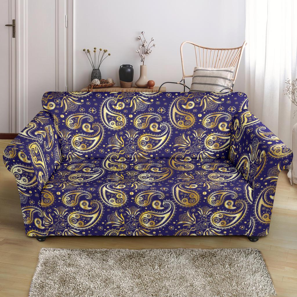 Paisley Blue Yellow Design Print Loveseat Slipcover-JTAMIGO.COM