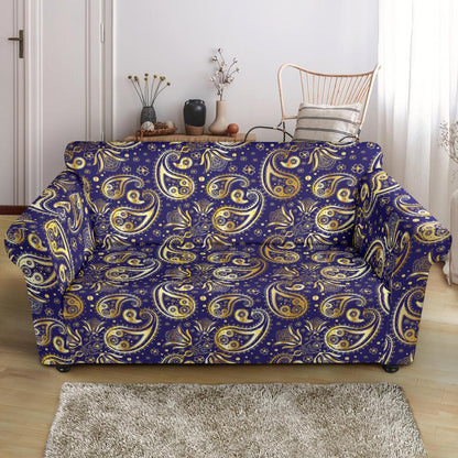 Paisley Blue Yellow Design Print Loveseat Slipcover-JTAMIGO.COM