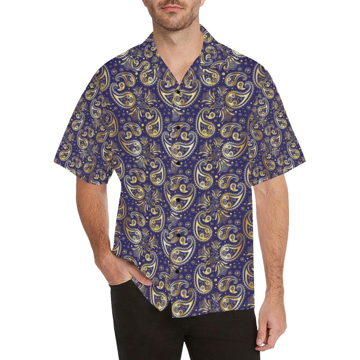 Paisley Blue Yellow Design Print Men Aloha Hawaiian Shirt