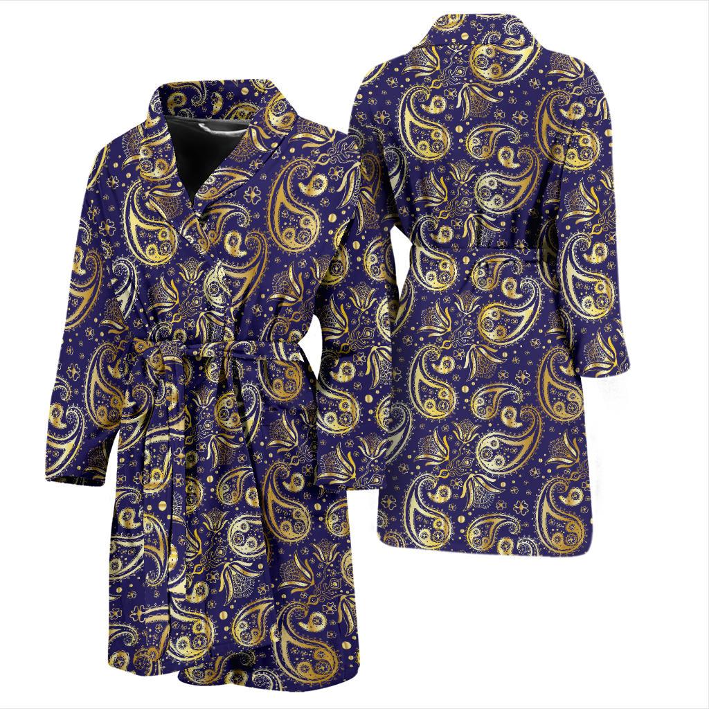 Paisley Blue Yellow Design Print Men Bath Robe-JTAMIGO.COM