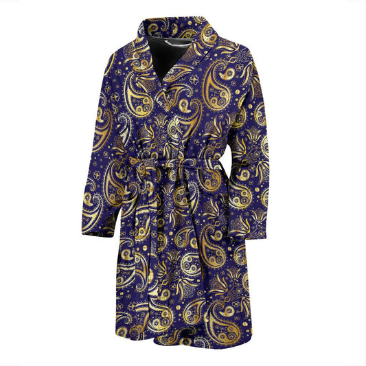 Paisley Blue Yellow Design Print Men Bath Robe-JTAMIGO.COM