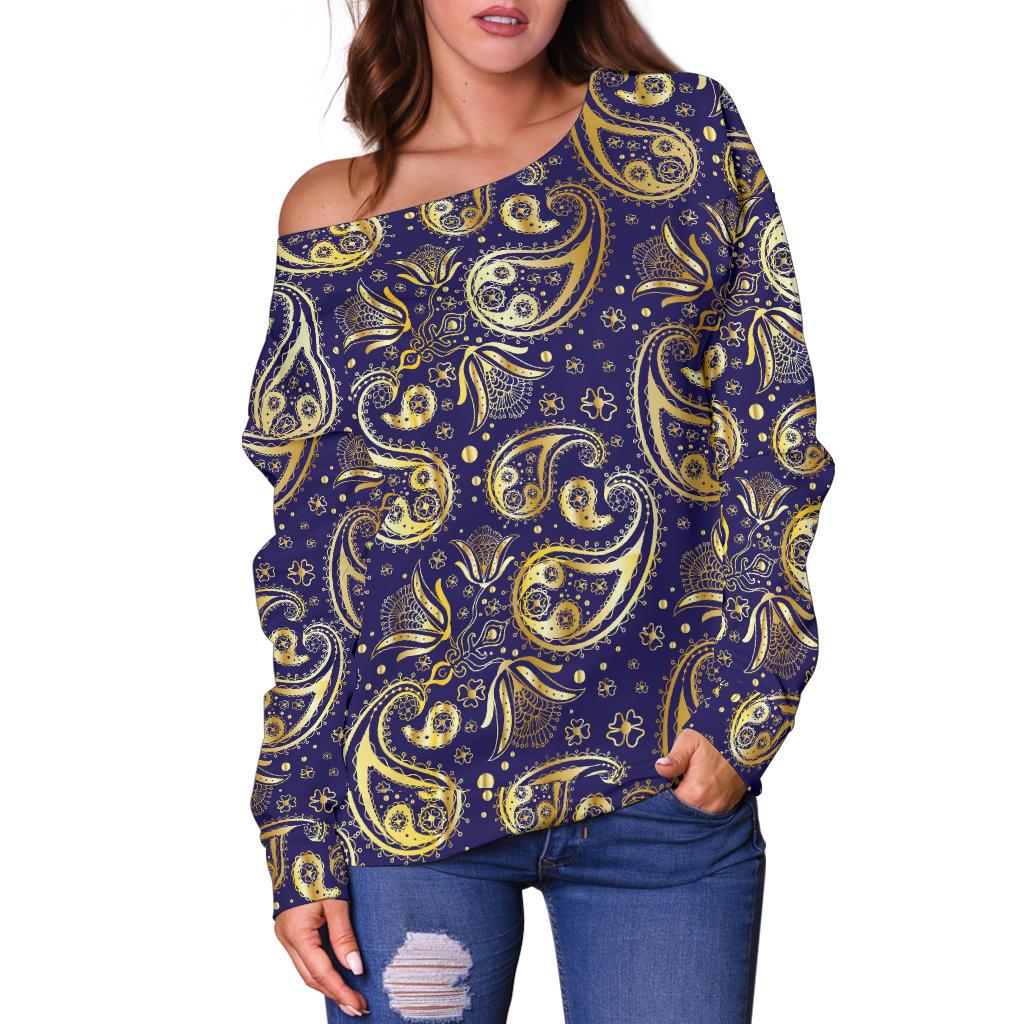 Paisley Blue Yellow Design Print Off Shoulder Sweatshirt
