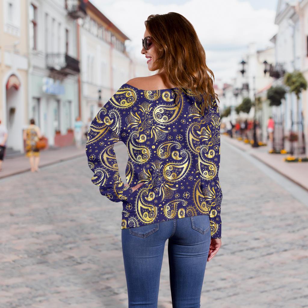 Paisley Blue Yellow Design Print Off Shoulder Sweatshirt