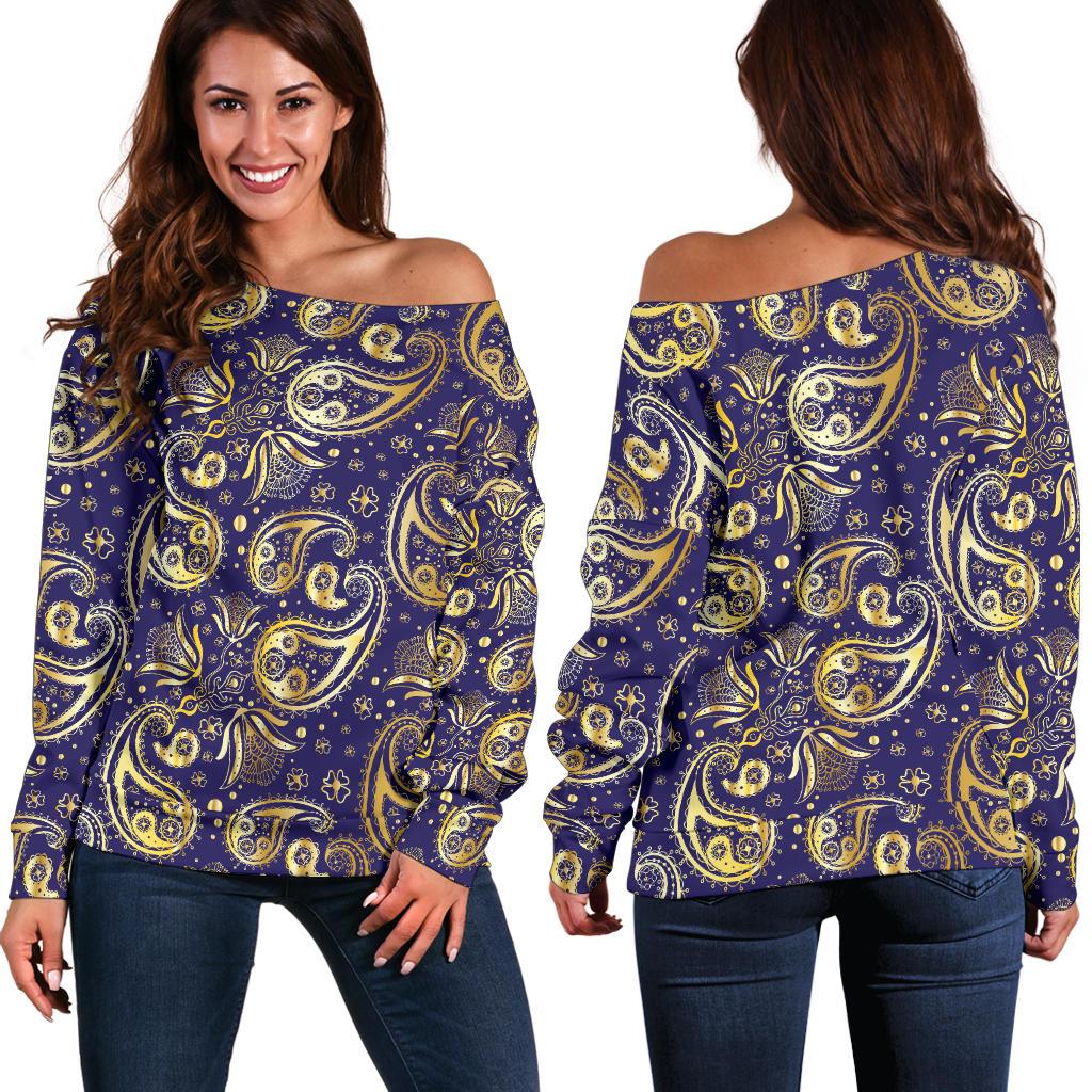 Paisley Blue Yellow Design Print Off Shoulder Sweatshirt