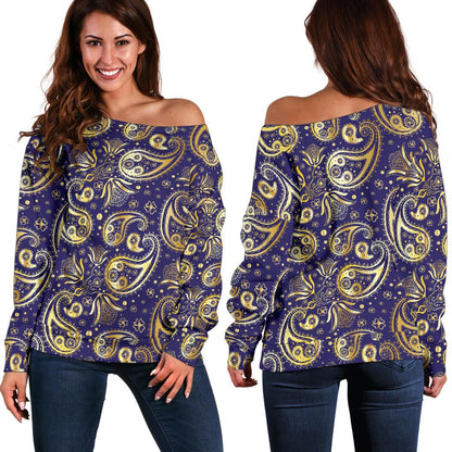 Paisley Blue Yellow Design Print Off Shoulder Sweatshirt
