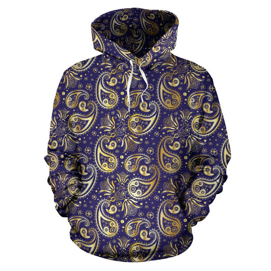 Paisley Blue Yellow Design Print Pullover Hoodie