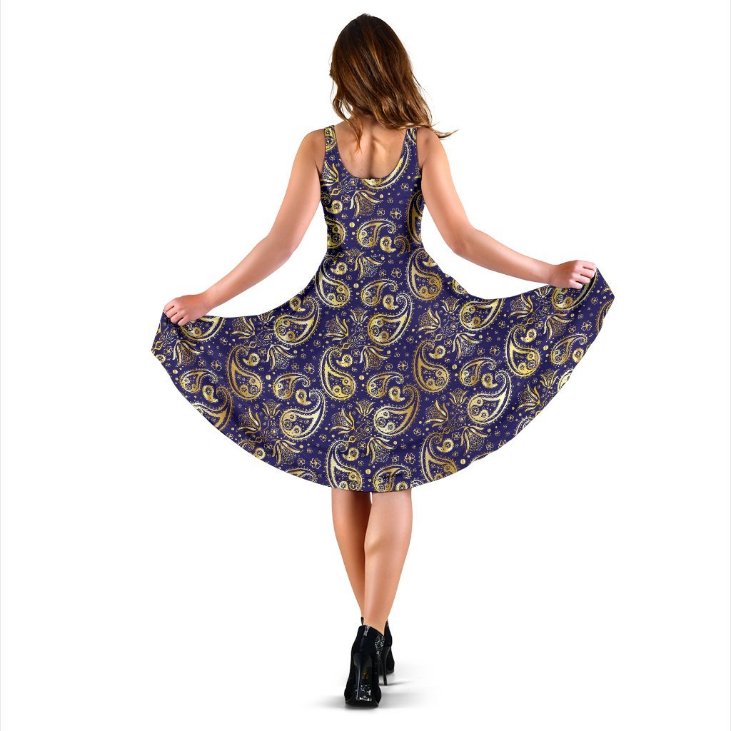 Paisley Blue Yellow Design Print Sleeveless Dress