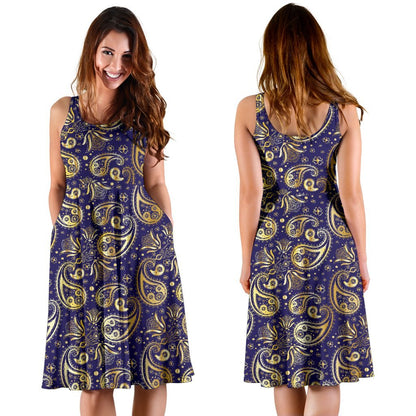 Paisley Blue Yellow Design Print Sleeveless Dress