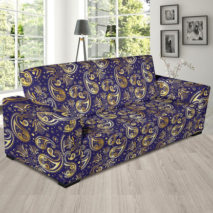 Paisley Blue Yellow Design Print Sofa Slipcover-JTAMIGO.COM