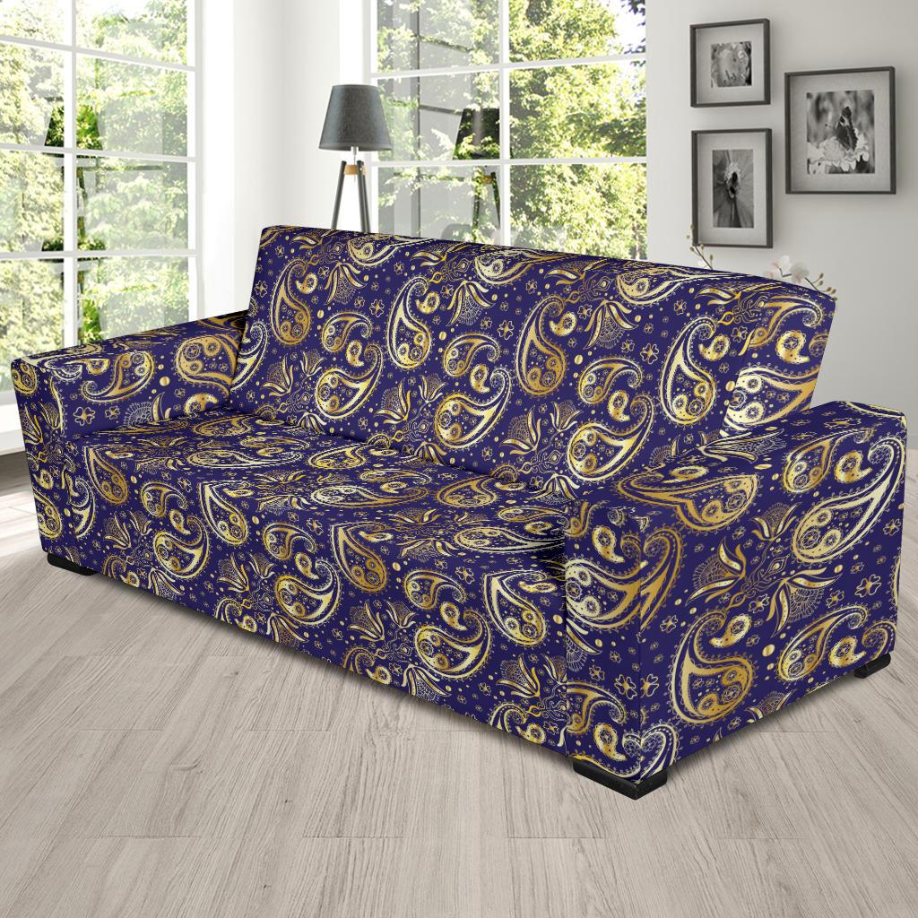 Paisley Blue Yellow Design Print Sofa Slipcover-JTAMIGO.COM