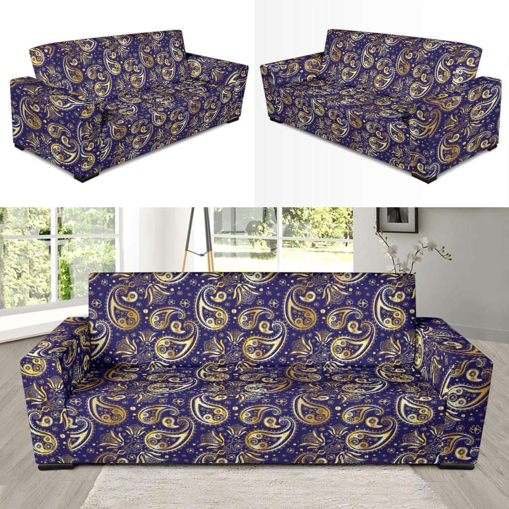 Paisley Blue Yellow Design Print Sofa Slipcover-JTAMIGO.COM
