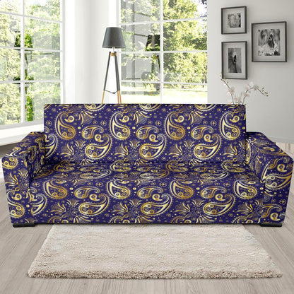 Paisley Blue Yellow Design Print Sofa Slipcover-JTAMIGO.COM